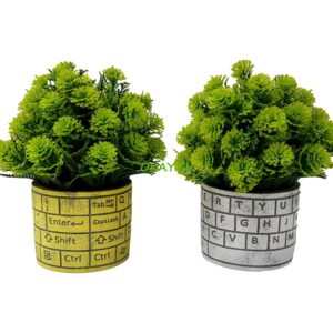 Maceta cerámica redonda diseños teclado amarillo y blanco con ramas verdes artificiales 20 x 20 - Imagen 1