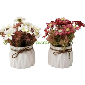 Florero cerámica blanco con flores artificiales áster blancas y cafés 10x18cm - Imagen 1