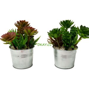 Maceta de metal forma balde con plantas artificiales Cactus y suculentas 9x17 - Imagen 1