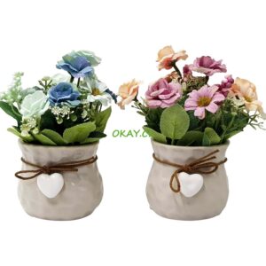 Florero cerámica blanco con ramo en tonos azules y rosa flores artificiales 10x18cm - Imagen 1