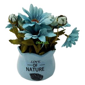 Maceta de cerámica celeste con flores artificiales azules 9x8cm - Imagen 1