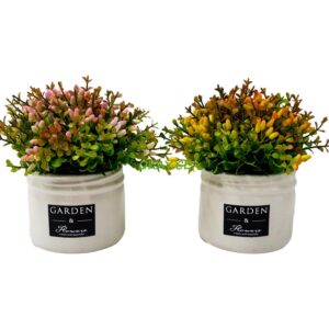 Macetas cerámica redonda color blanco con plantas verdes artificiales 10x16cm - Imagen 1