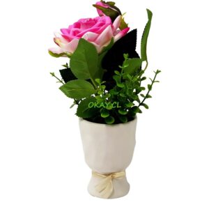 Maceta con forma de copa color blanco con ramo verde con rosa artificial 9x28 - Imagen 1