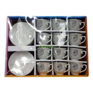 Set 12 Tazas cerámica blanca con flor gris y borde figuras doradas y platos de taza blancos - Imagen 1