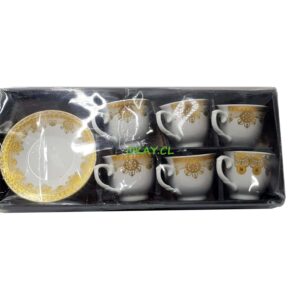 Set 6 Tazas cerámica blanca con borde figuras doradas y platos de taza borde dorado - Imagen 1