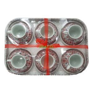 Set 6 Tazas cerámica blanca con borde figuras geométricas burdeos y platos de taza borde figuras geométricas - Imagen 1