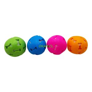 Juguetes para mascota diseño pelota con agujeros forma de hueso colores amarillo,celeste,verde, rosado 8cm - Imagen 1