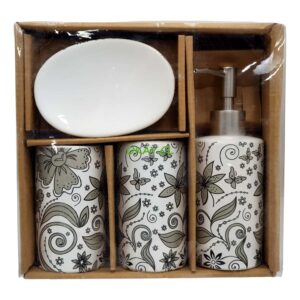 Set accesorios de baño cuatro piezas blanco con flores grises - Imagen 1