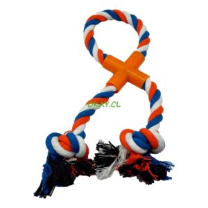 Juguete para mascota cuerda de algodón tricolor blanco, celeste, naranjo 10x28cm - Imagen 1