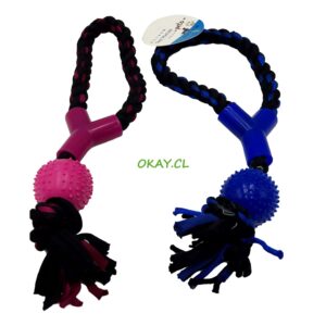 Juguete para mascota cuerda negra nudo con pelota de goma azul y rosada. - Imagen 1