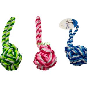 Juguete para mascota cuerda de algodón tricolor conforma bola en un extremo celeste azul blanco , verde verde oscuro blanco , rosado rosado claro blanco 6x22 cm - Imagen 1