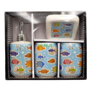Set accesorios de baño cuatro piezas blanco con diseño infantil peces de colores - Imagen 1