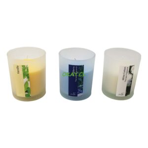 Vela blanca en vaso vidrio color beige, trasparente y celeste 7x11 - Imagen 1