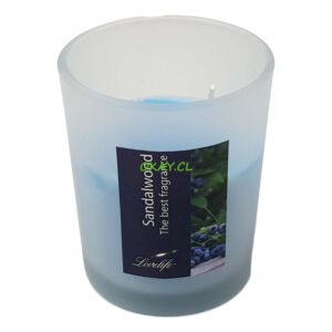 Vela celeste en vaso vidrio transparente aroma madera sándalo 6x 7 cm - Imagen 1