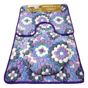 Alfombra baño 3 piezas diseño flores celeste, gris blanco - Imagen 1