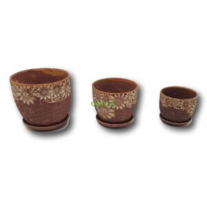 Macetero cerámica café oscuro claro diseño pintado ratán con flores color 3 tamaños. - Imagen 1