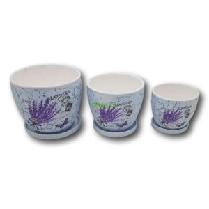 Macetero cerámica fondo celeste con diseño de ramillete de lavanda, 3 tamaños. - Imagen 1