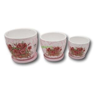 Macetero cerámica fondo rosado con diseño de flores rojas y carretilla, 3 tamaños. - Imagen 1