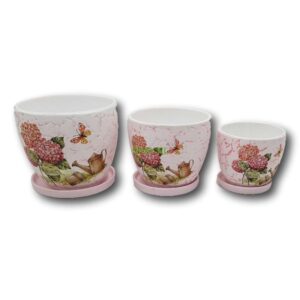 Macetero cerámica fondo rosado con diseño de hortensias y regadera, 3 tamaños. - Imagen 1