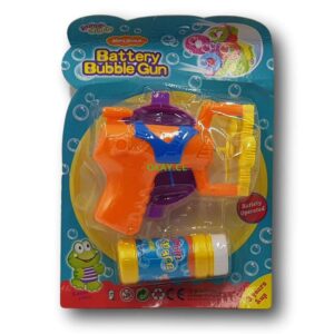 Pistola eléctrica de burbujas color naranjo azul con frasco jabón. Usa baterías. - Imagen 1