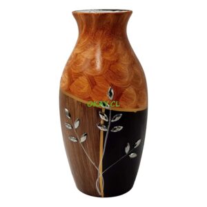 Florero de cerámica color madera 3 tonos con adorno hojas plateado 14x30cm - Imagen 1