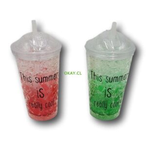 vaso con bombilla color rojo y verde diseño cubos hielo - Imagen 1