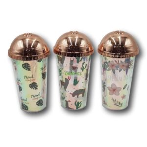 Vaso bombilla forma cono de helado color blanco diseño hoja, llama,o flor , con tapa color cobre metálico y diseños - Imagen 1
