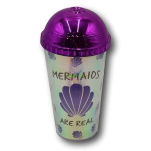 Vaso con bombilla forma cono de helado color blanco con tapa color metálico morada diseño marmaid - Imagen 1