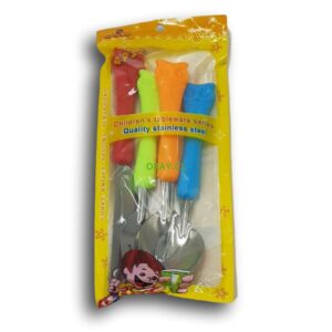 Set de cubiertos para niños 4 piezas con mango plástico colores amarillo, naranjo, rojo y celeste - Imagen 2